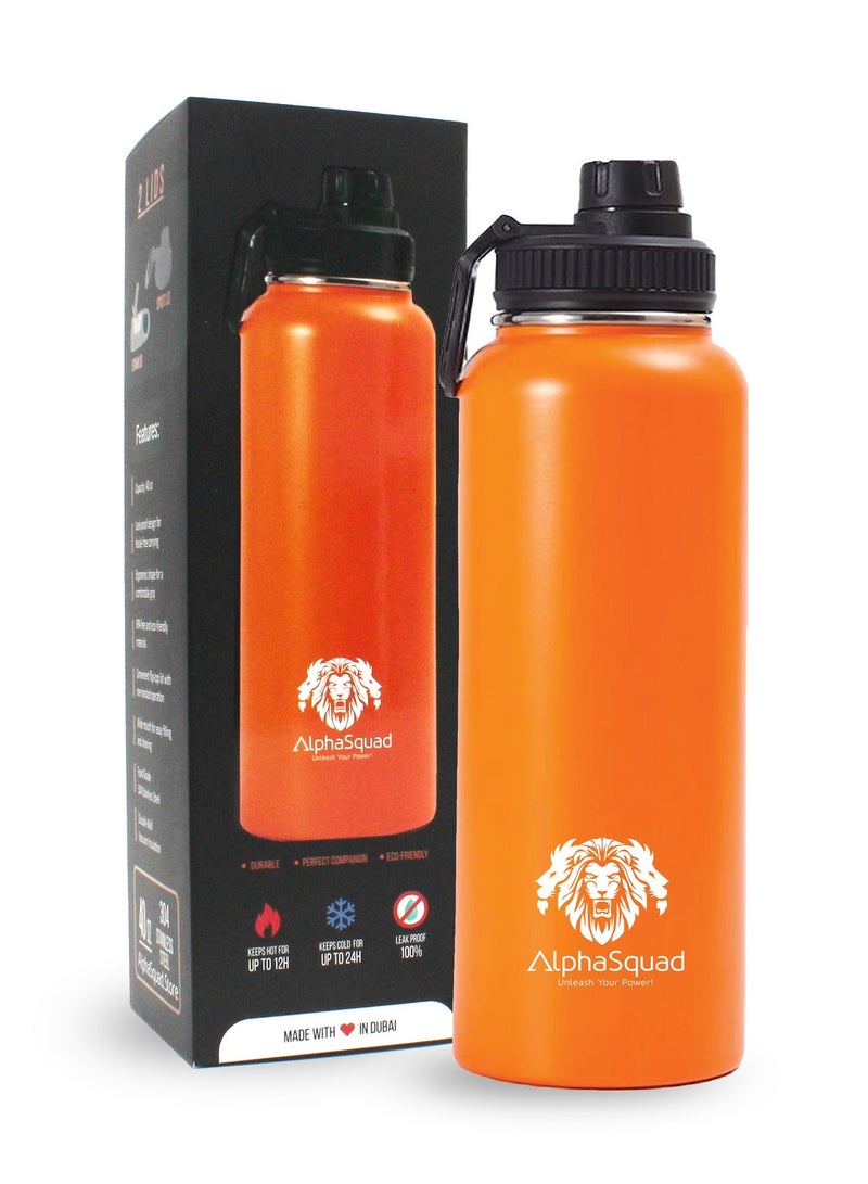 ALPHASQUAD 40Oz / 1200Ml Vacuum Insulated Flask, Double Walled Thermolab Series Stainless Steel Sports Water Bottle With Straw Lid, 2 Lids Included, Hot Cold Thermos, Sports Bottle (Orange) - Image 2